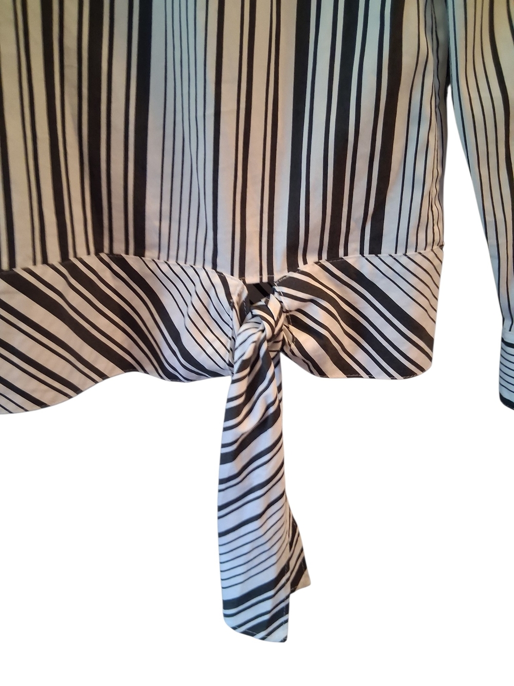 Talbots Poplin Black & White Vertical Stripe Tie-Hem Blouse Career Preppy - Picture 5 of 8
